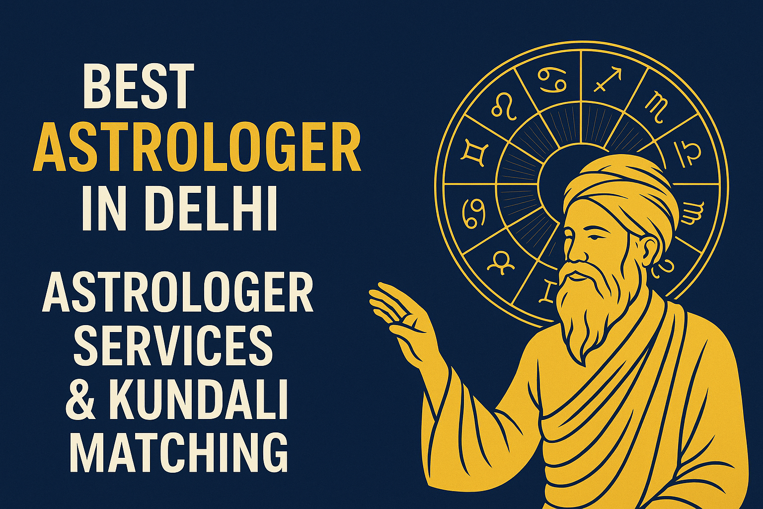 Best astrologer in Delhi offering astrologer services and kundali matching with traditional Vedic chart background and spiritual guidance illustration.